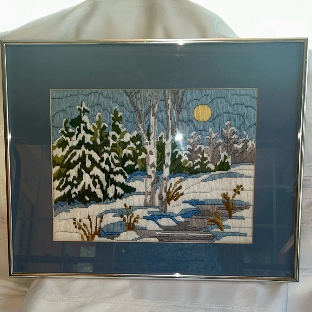 Crewel Embroidery Art Hand Stitched Winter‎ Snow Scene Professionally Framed EUC